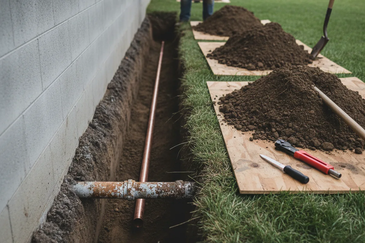 Excavated water line trench during Water Heater Repair in Jasper